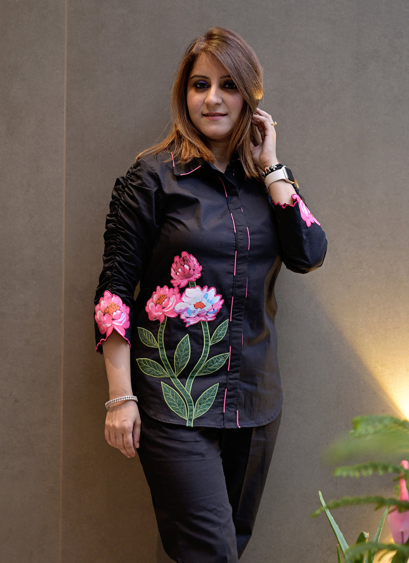 Black Floral Appliqué Cotton Shirt