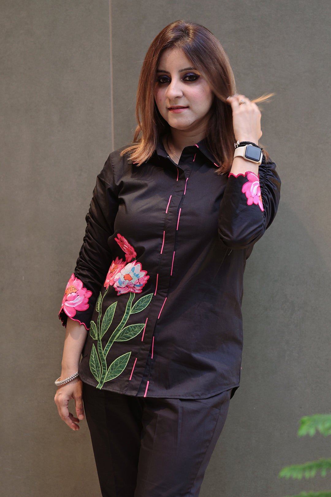 Black Floral Appliqué Cotton Co-ord Set