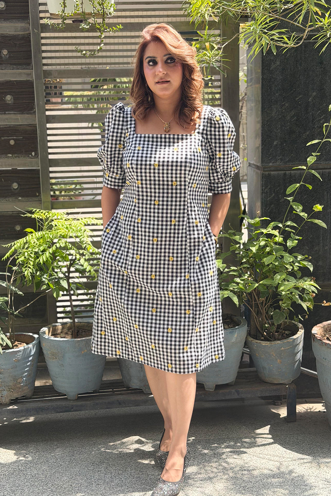 Black & White Gingham Check Embroidered A-Line Dress