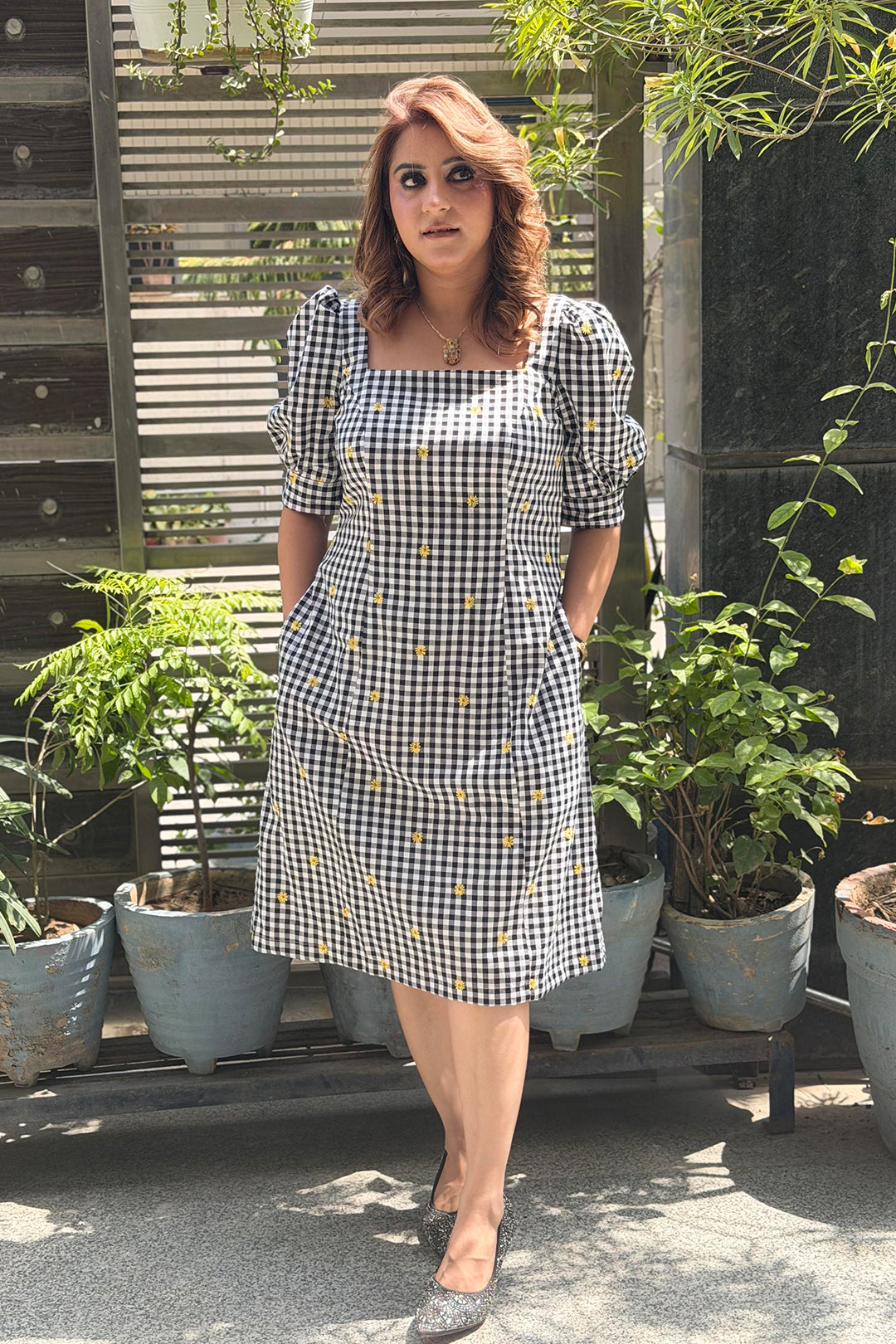 Black & White Gingham Check Embroidered A-Line Dress