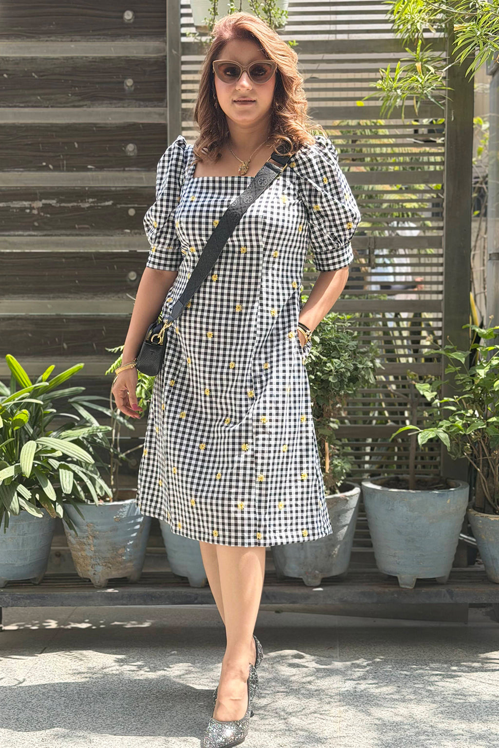 Black & White Gingham Check Embroidered A-Line Dress