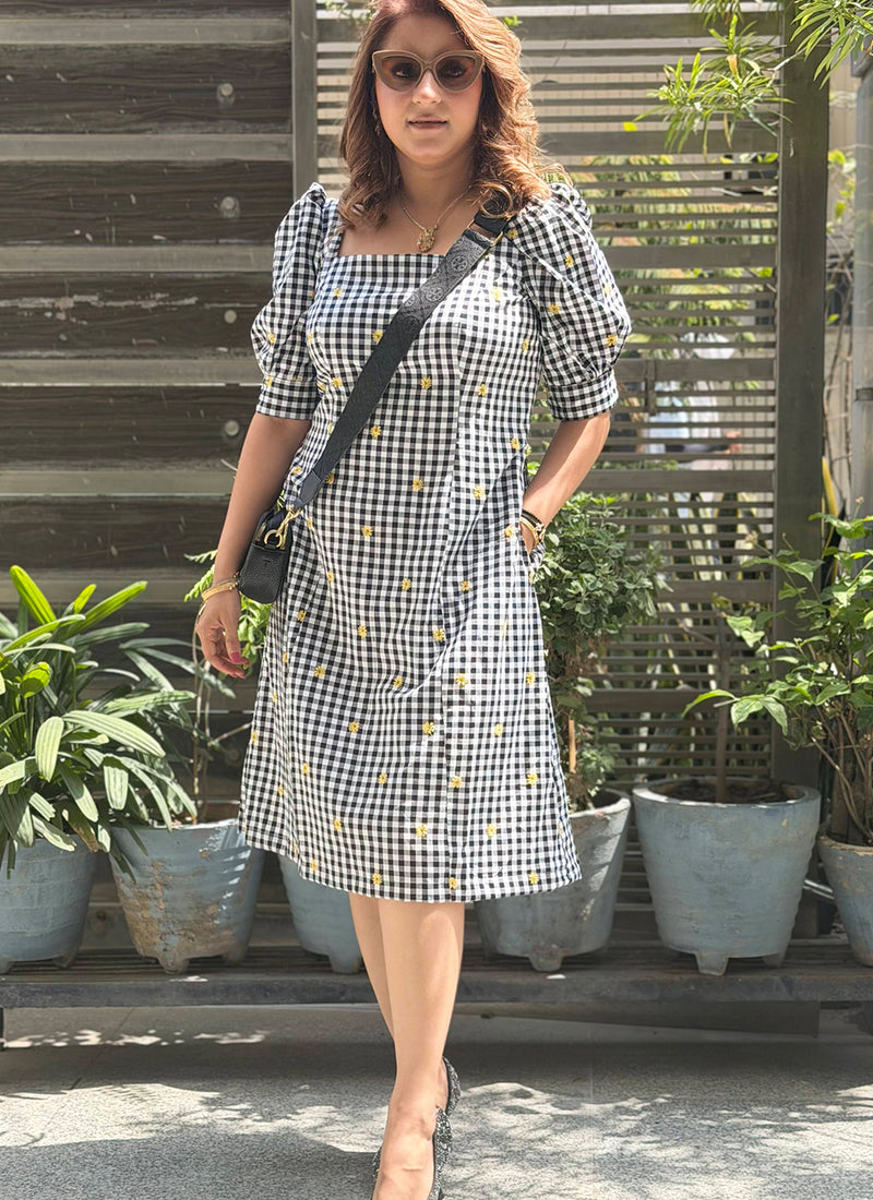 Black & White Gingham Check Embroidered A-Line Dress