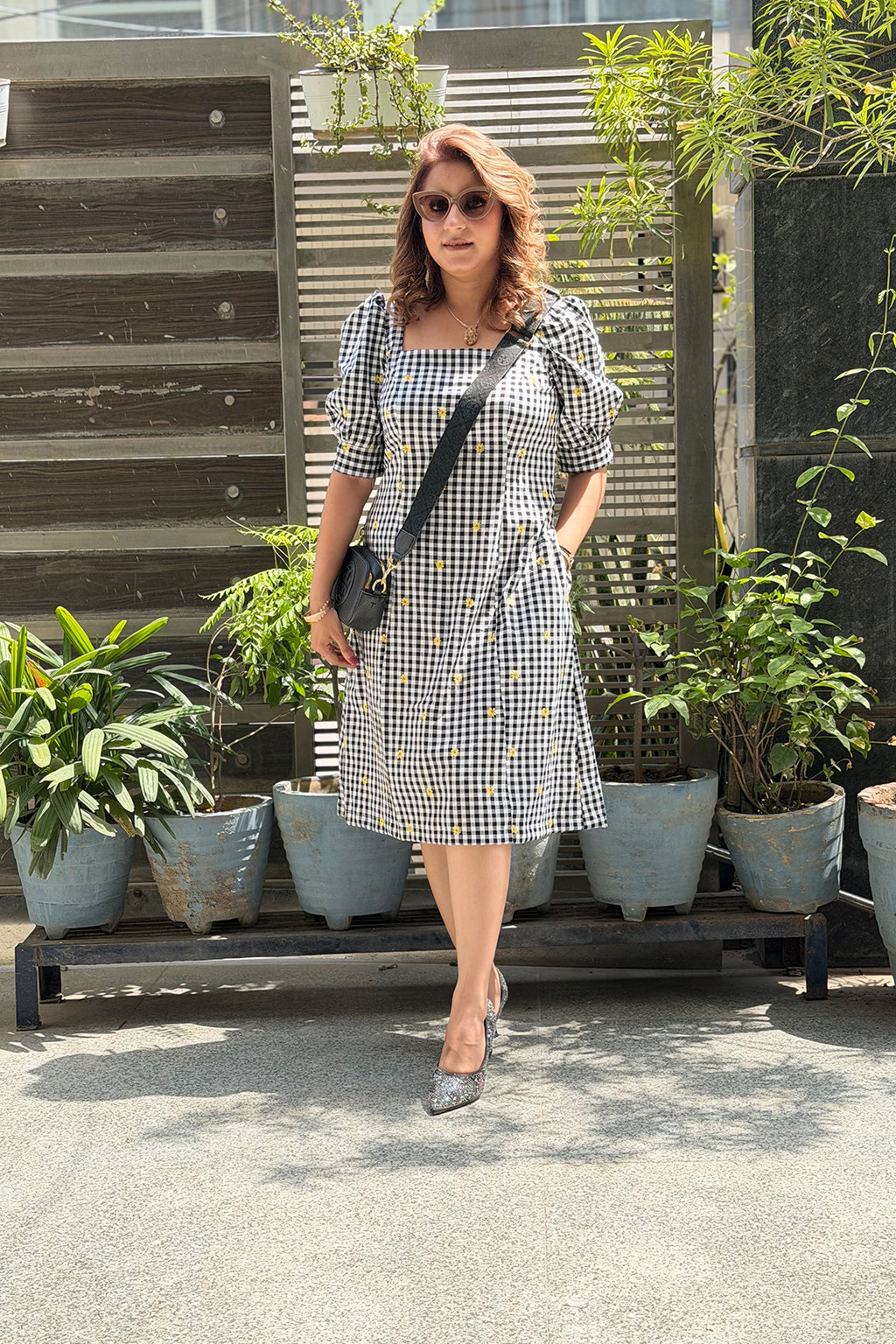 Black & White Gingham Check Embroidered A-Line Dress
