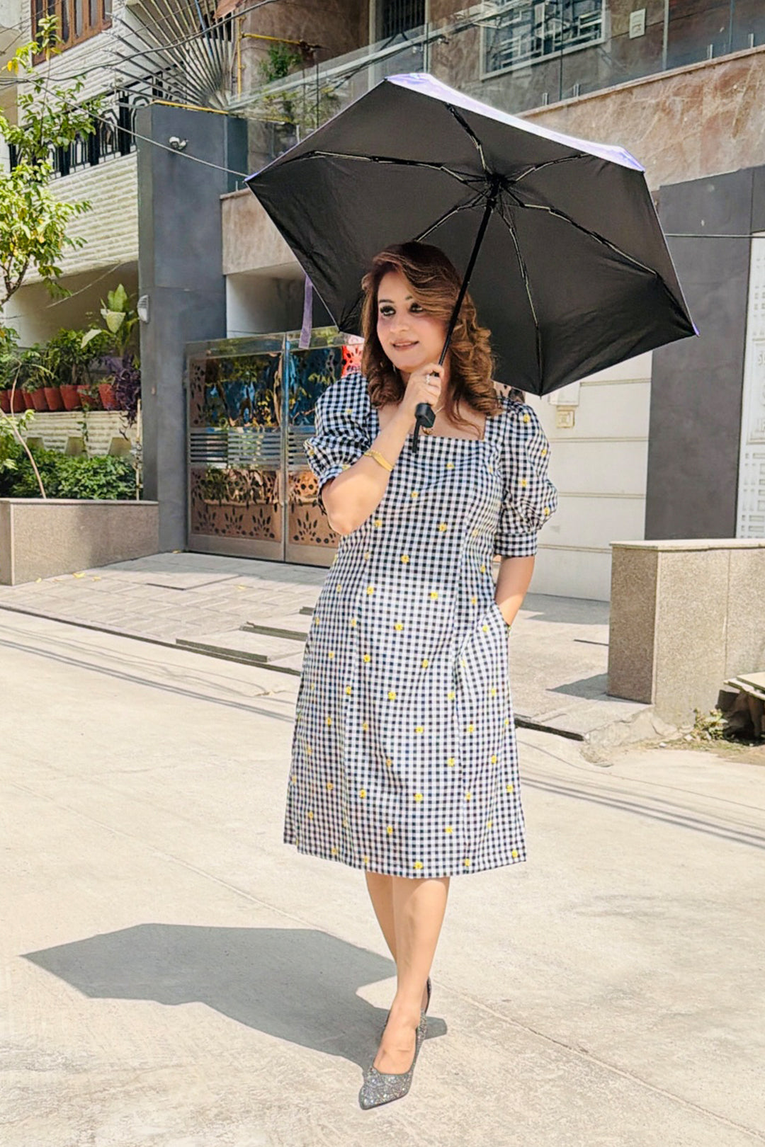 Black & White Gingham Check Embroidered A-Line Dress – Ramp Walkers