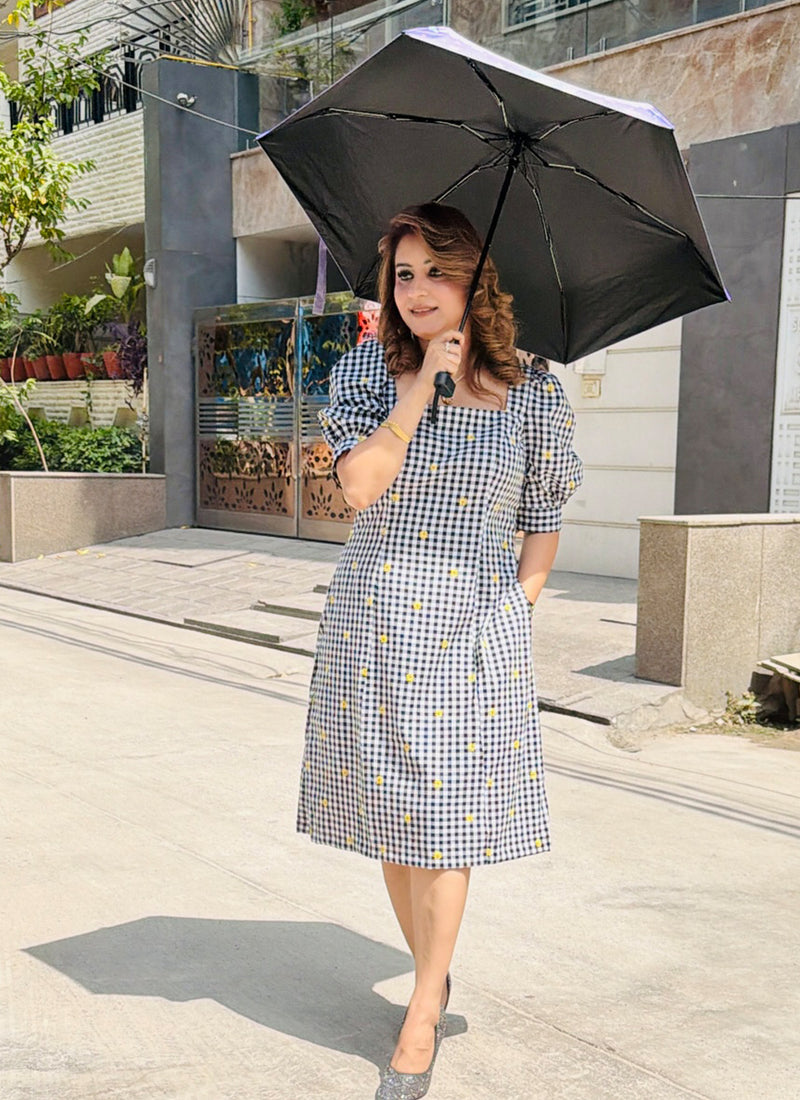 Black & White Gingham Check Embroidered A-Line Dress