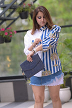 Women’s Blue & White Striped Tropical Print Designer Shirt