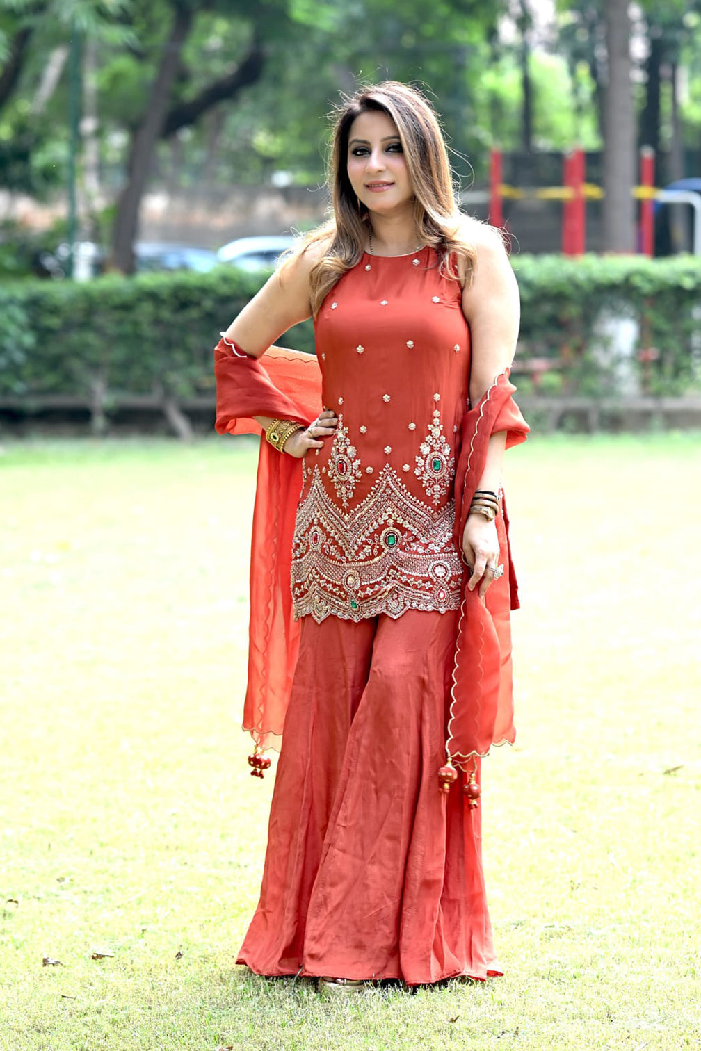 Burnt Orange Hand-Embroidered Crepe Set