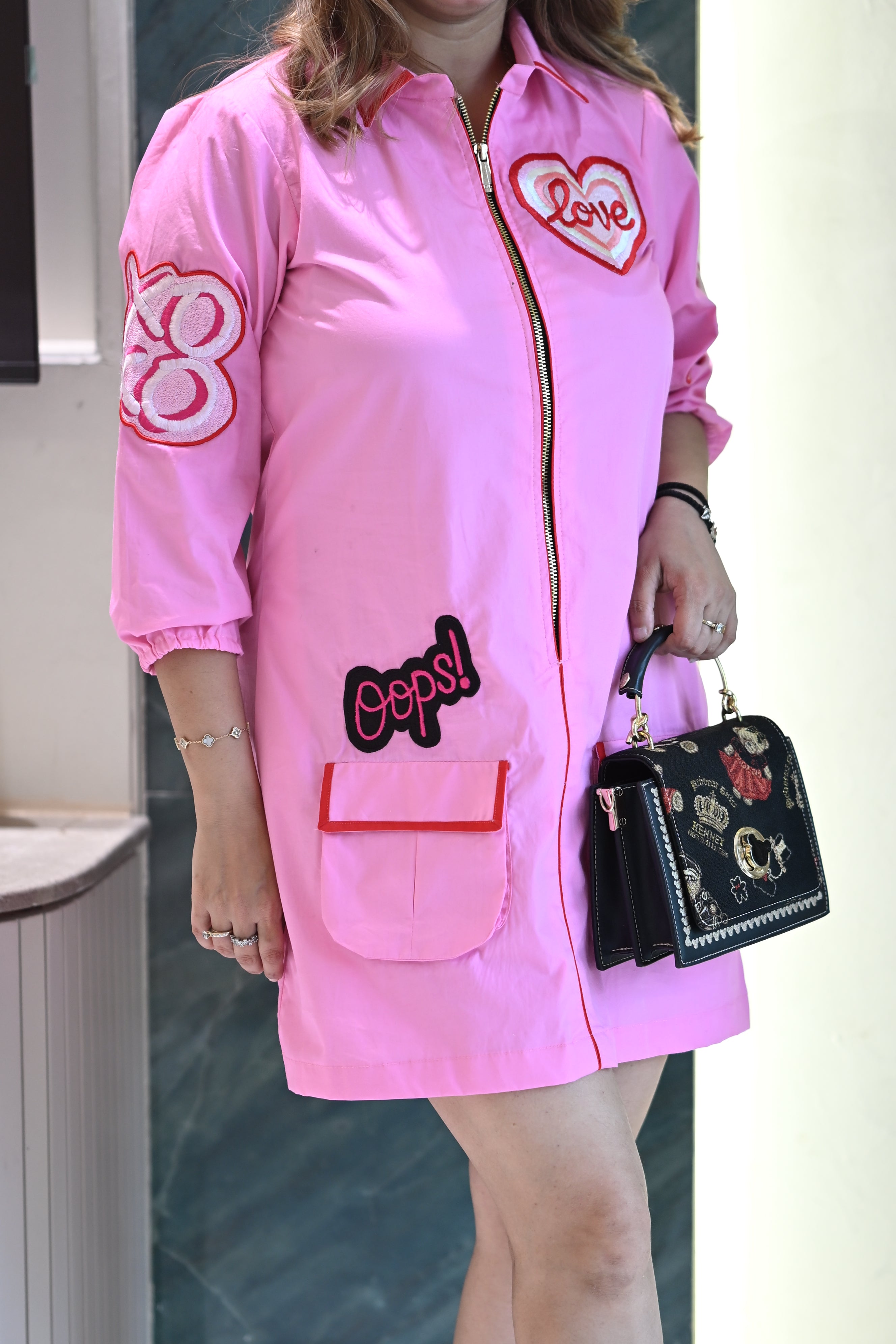 Bubble Gum Pink Collared Zipper Shirt Dress