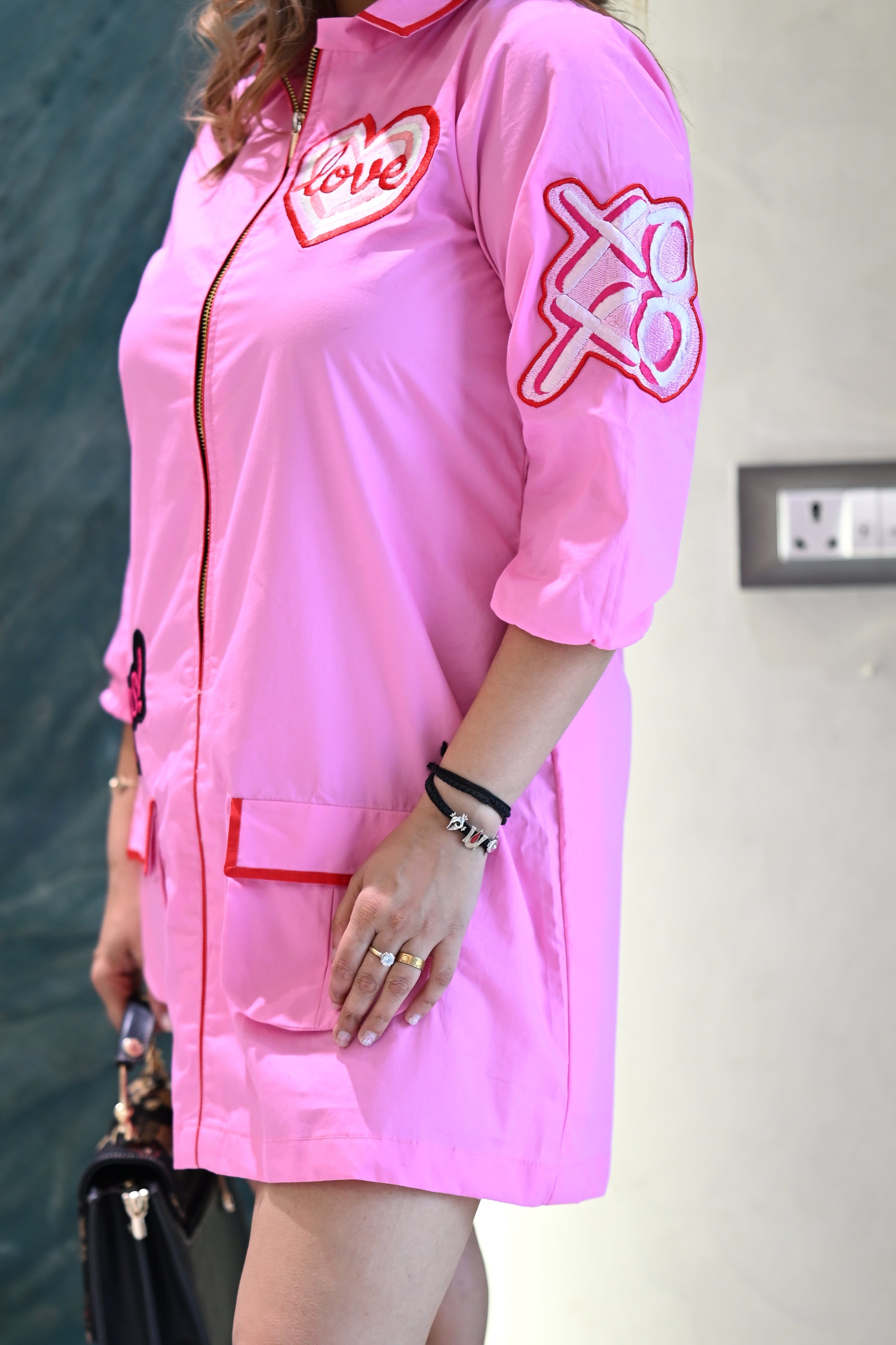 Bubble Gum Pink Collared Zipper Shirt Dress