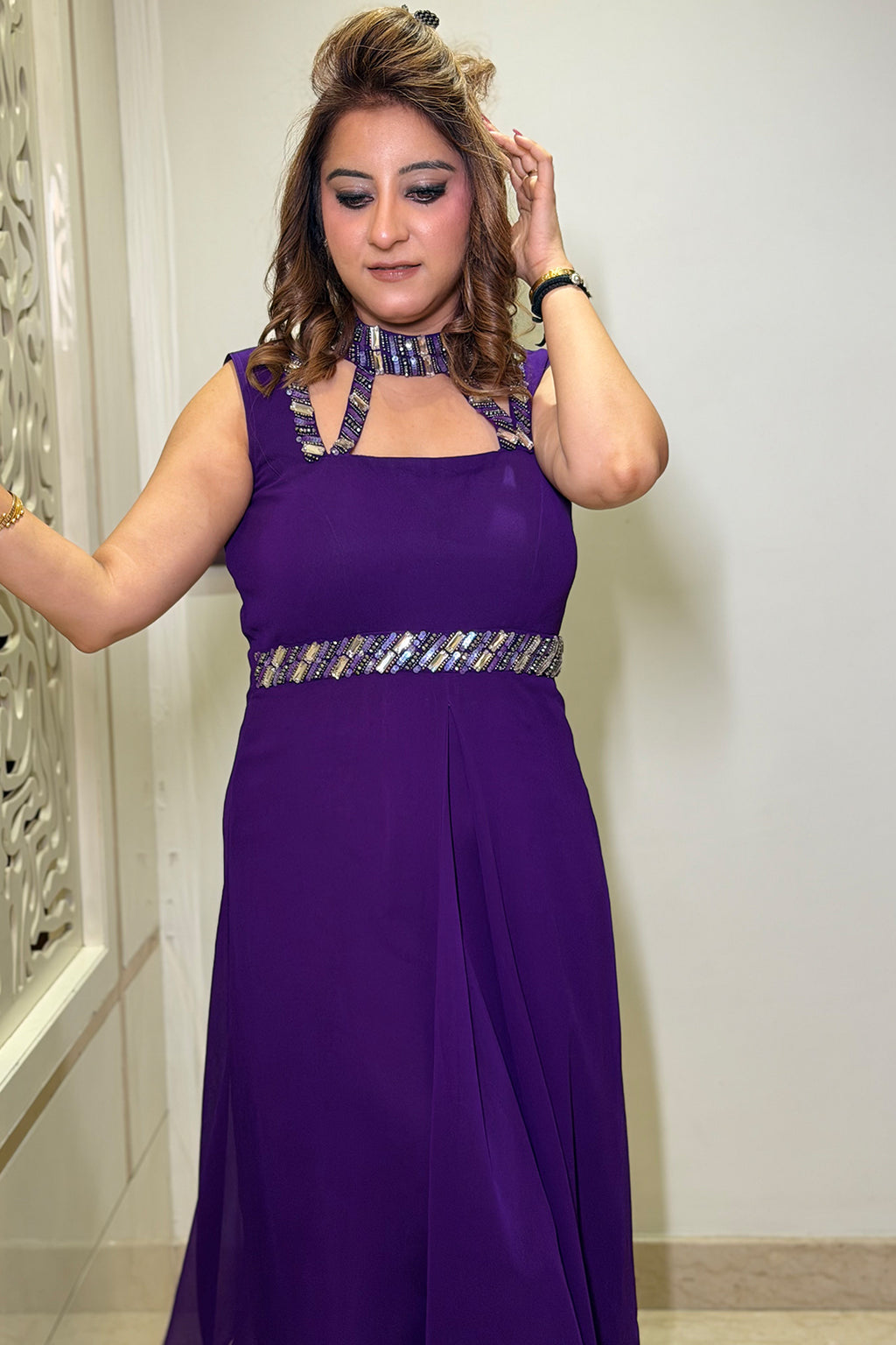 Deep Purple Crystal Embroidered Asymmetrical Georgette Dress