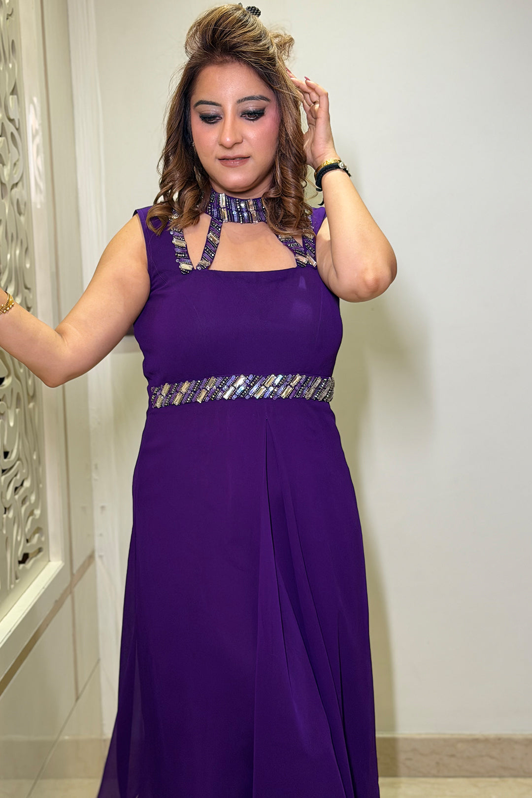 Deep Purple Crystal Embroidered Asymmetrical Georgette Dress