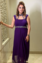 Deep Purple Crystal Embroidered Asymmetrical Georgette Dress