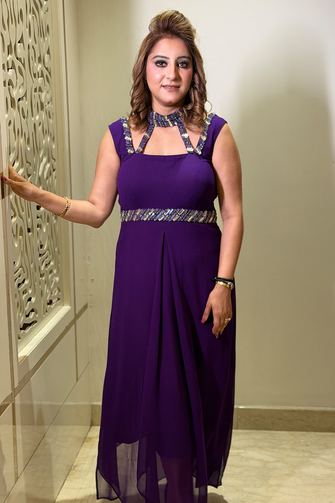 Deep Purple Crystal Embroidered Asymmetrical Georgette Dress