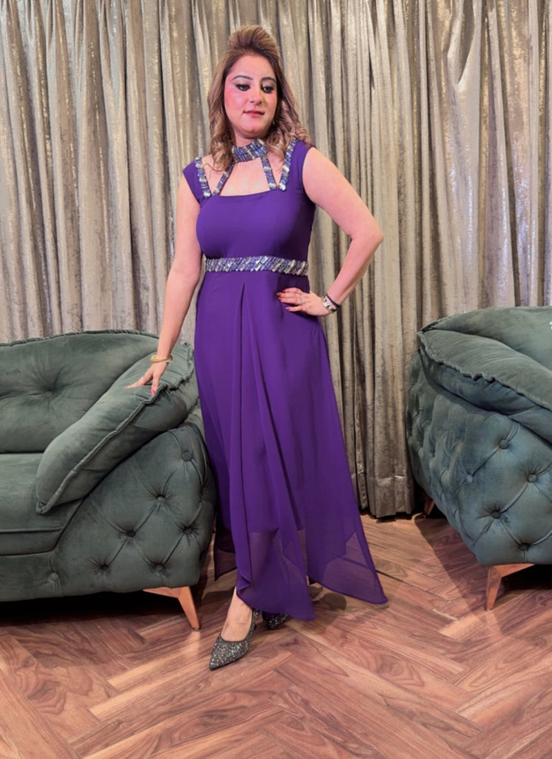 Deep Purple Crystal Embroidered Asymmetrical Georgette Dress
