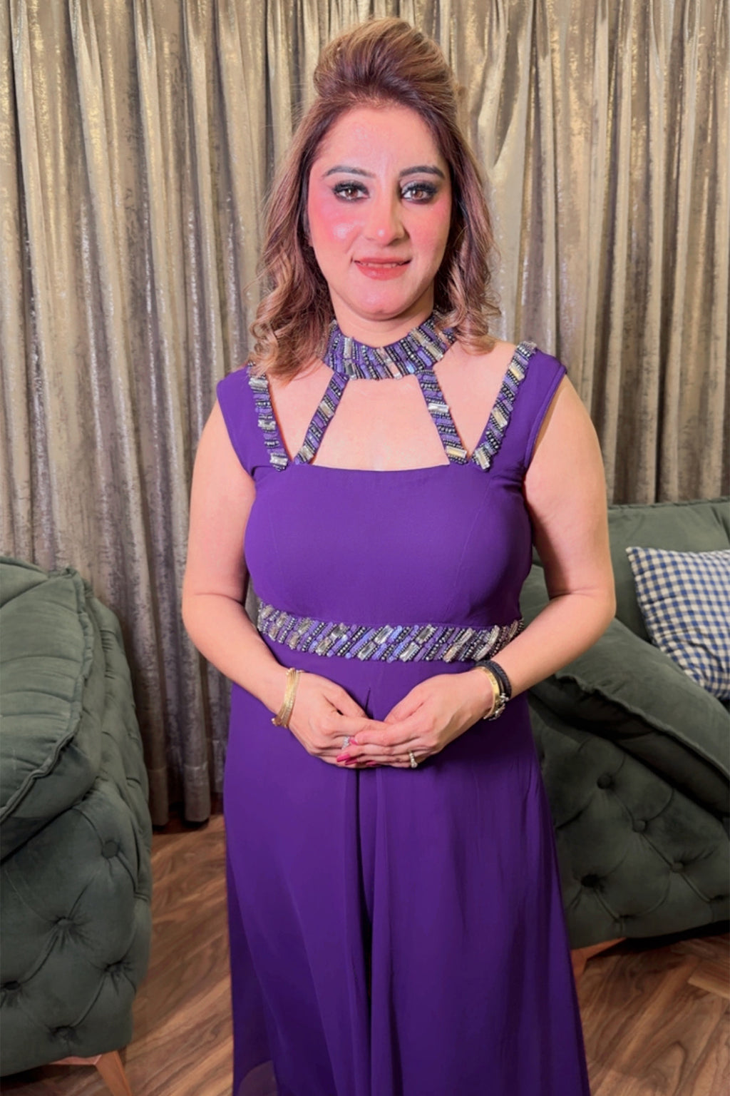 Deep Purple Crystal Embroidered Asymmetrical Georgette Dress