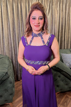 Deep Purple Crystal Embroidered Asymmetrical Georgette Dress