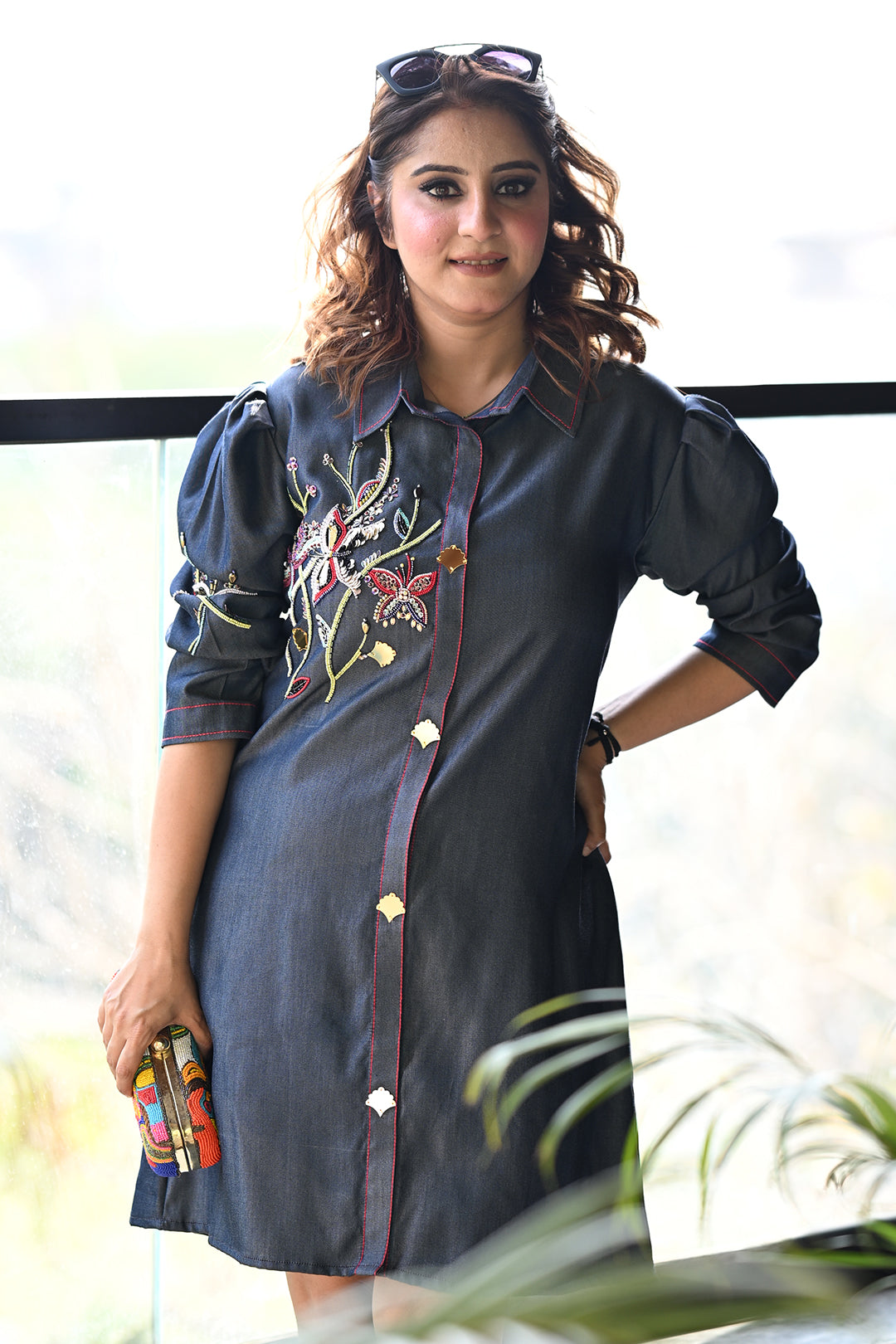 Designer Handworked Denim Shirt Dress