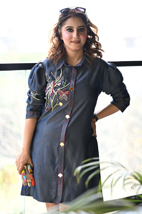 Designer Handworked Denim Shirt Dress