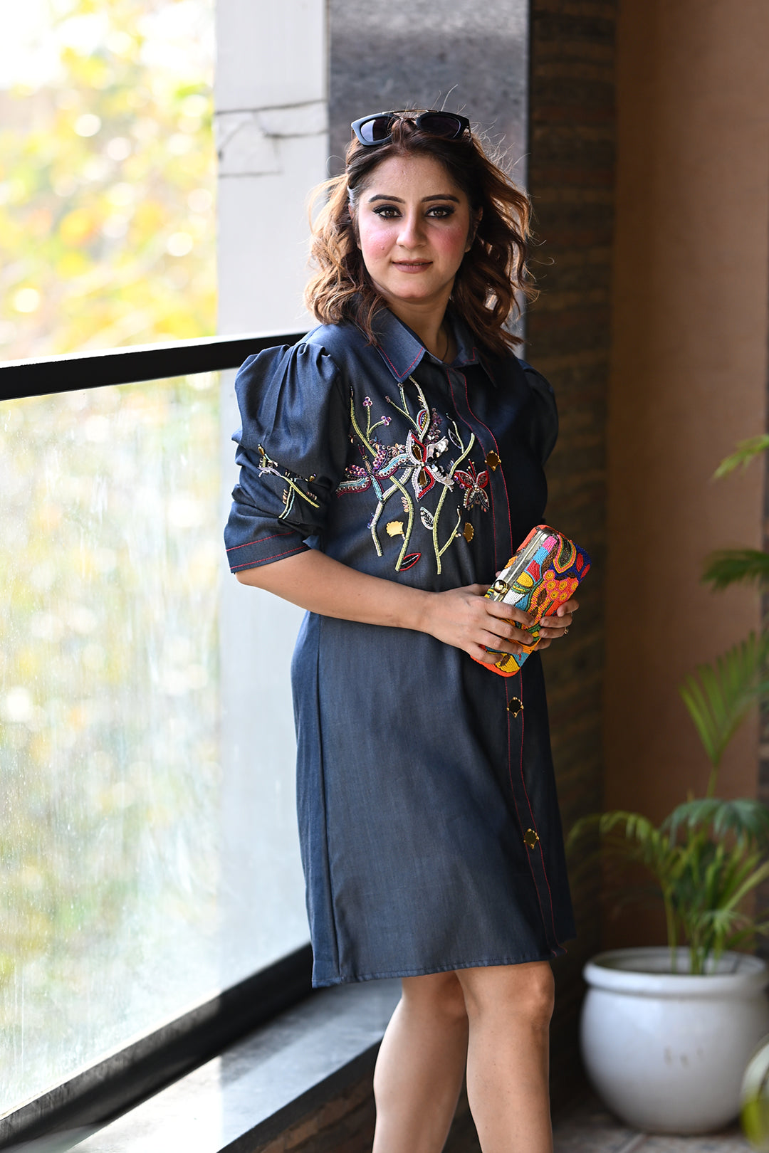 Designer Handworked Denim Shirt Dress