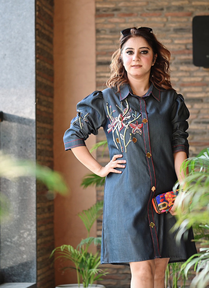 Designer Handworked Denim Shirt Dress