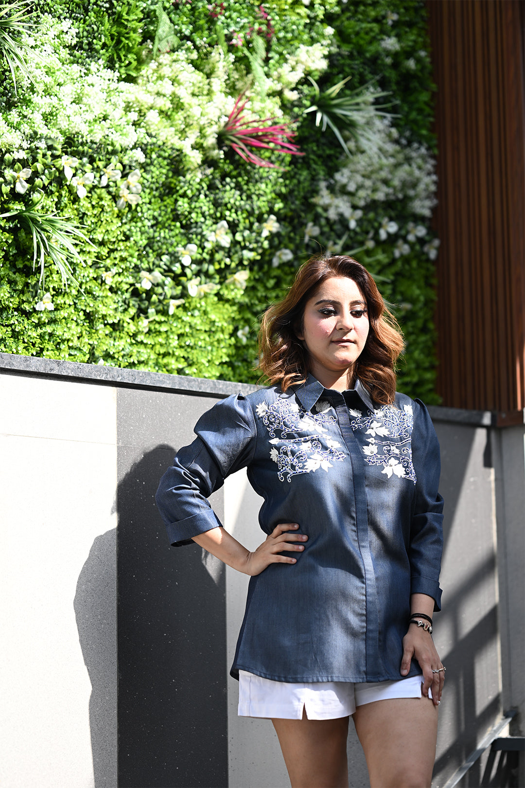 Navy Blue Embroidered Denim Shirt