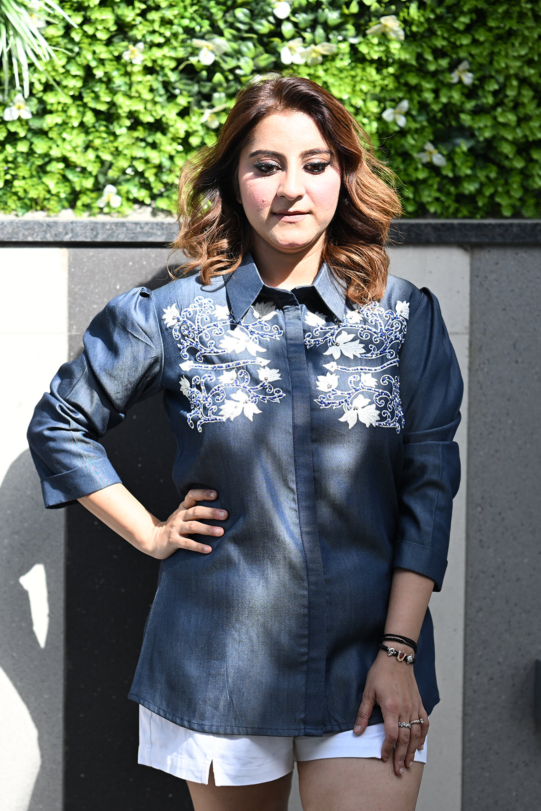 Navy Blue Embroidered Denim Shirt