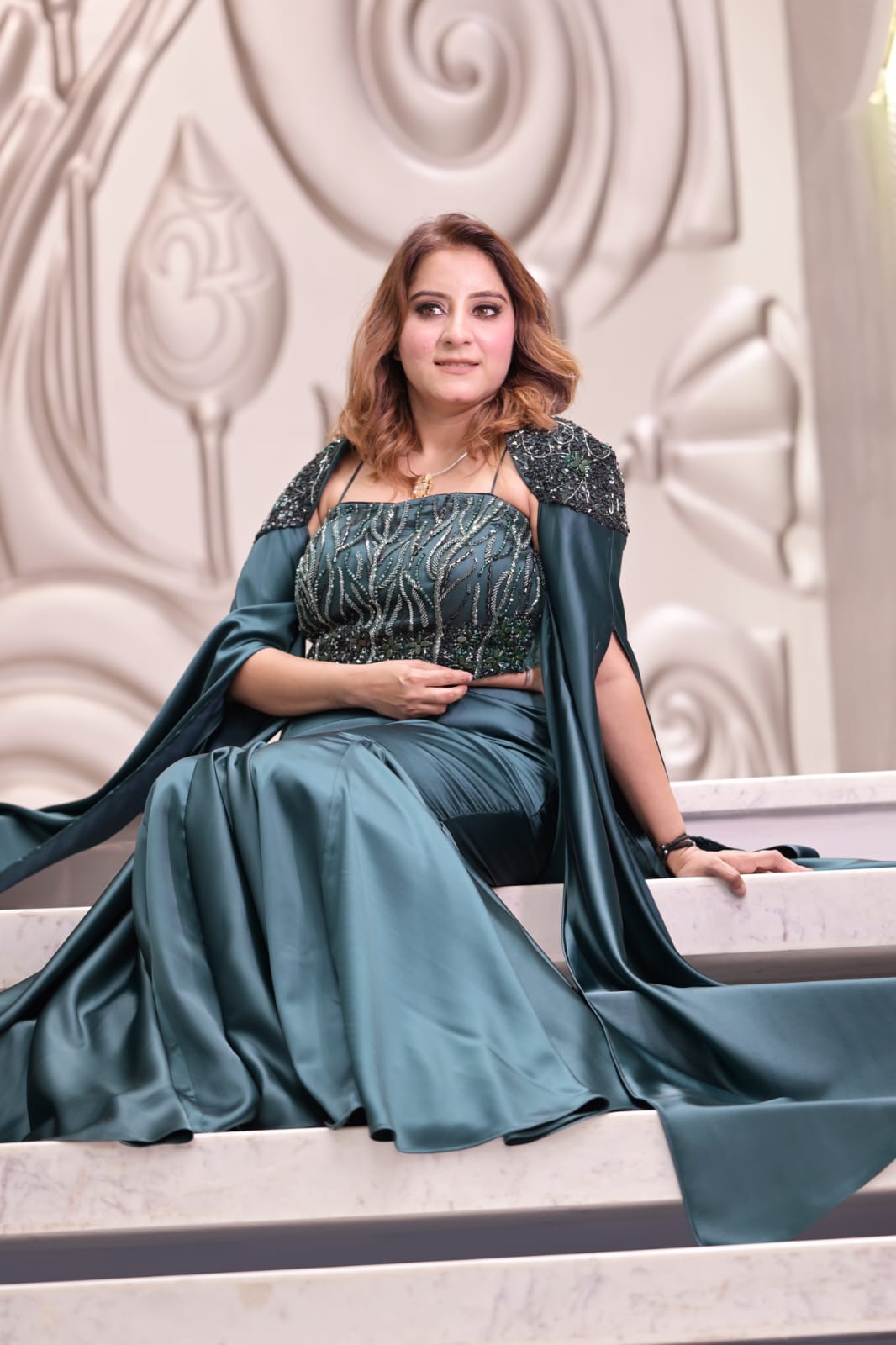 Emerald Satin Cape Lehenga Set