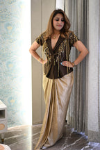 Hand-Embroidered Russian Crepe Blazer with Korean Shimmer Drape Skirt
