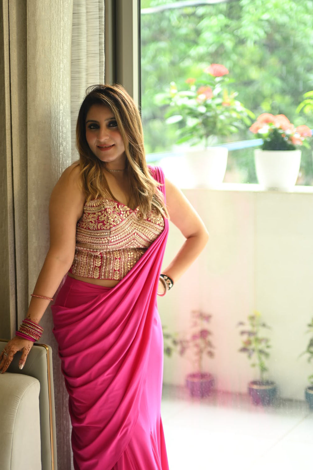 Hot Pink Draped Skirt &amp; Corset Blouse Set