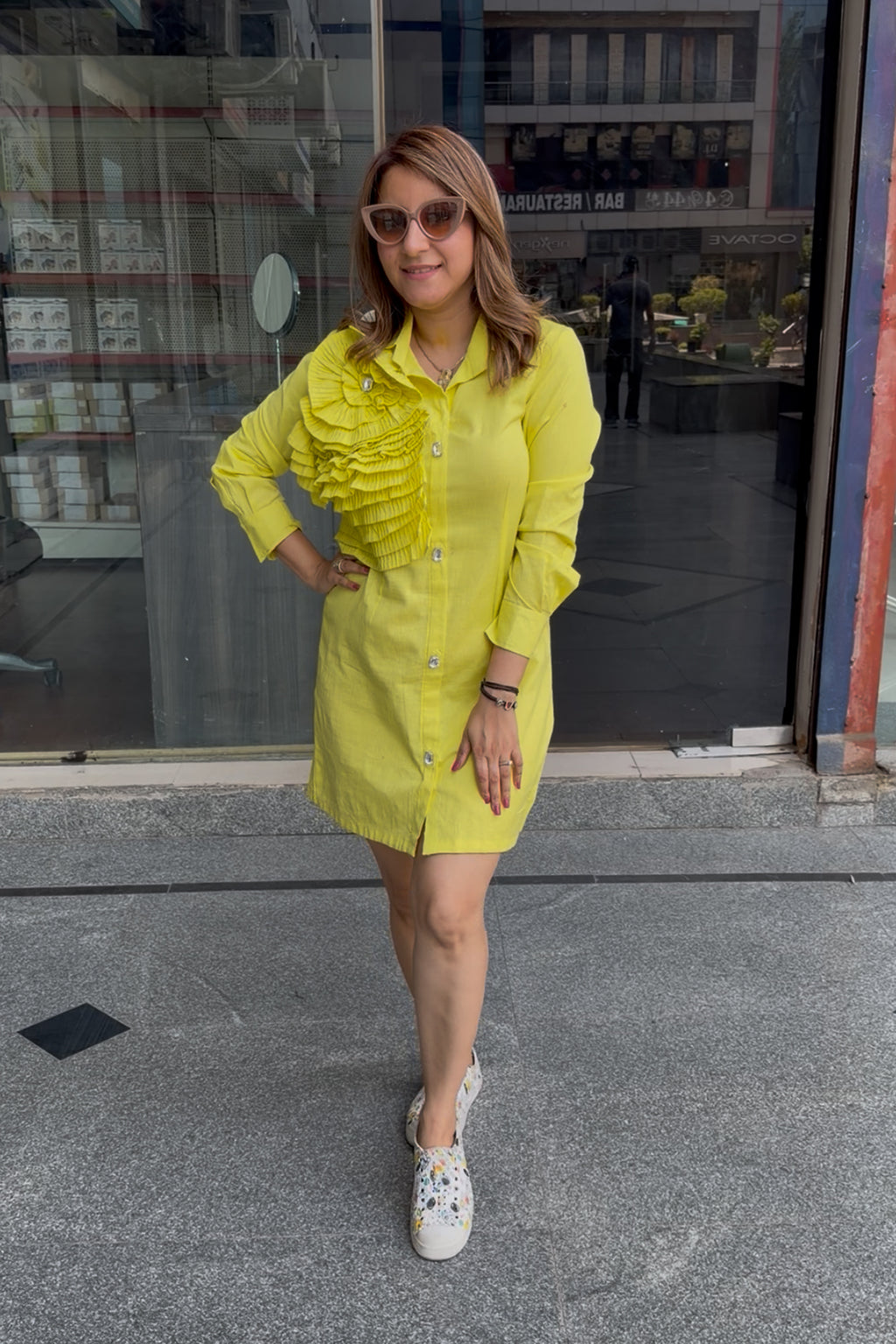 Lemony Yellow 3D Pleated Shirt Dress