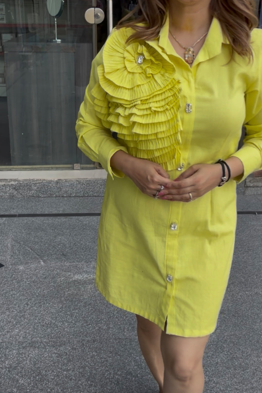 Lemony Yellow 3D Pleated Shirt Dress