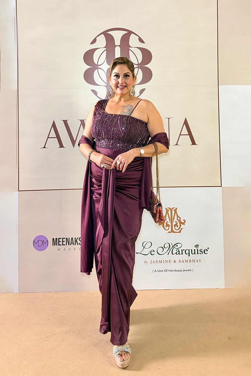 Meenakshi Dutt | Wine Embellished Corset Non-Wired Blouse & Draped Satin Saree Set