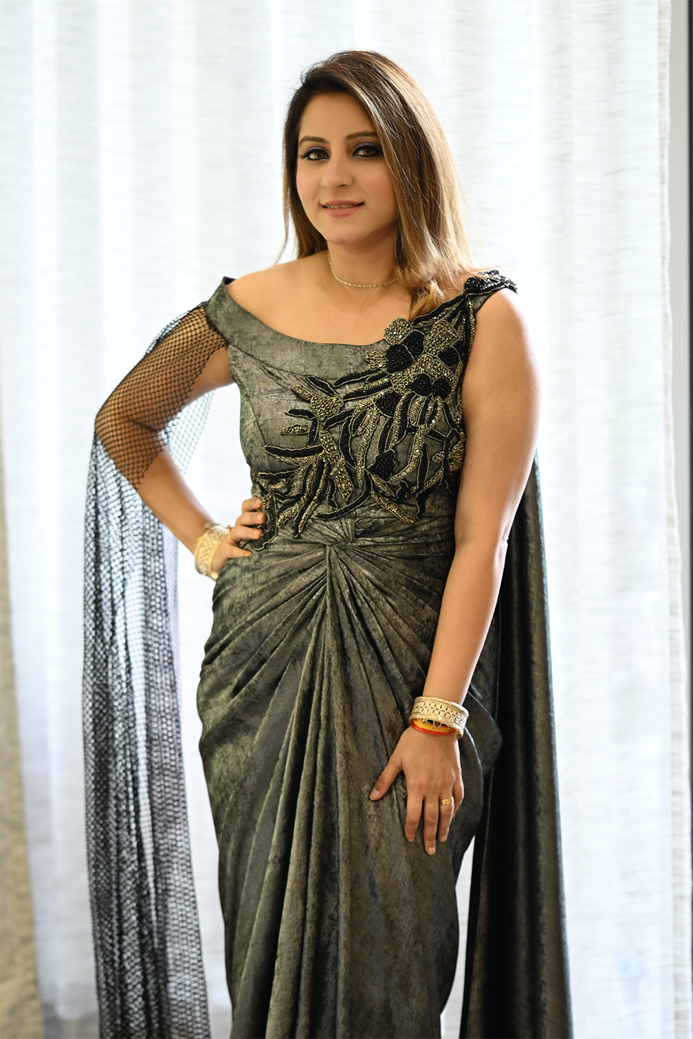 Metallic Charcoal Draped Saree Gown with Crystal Cape