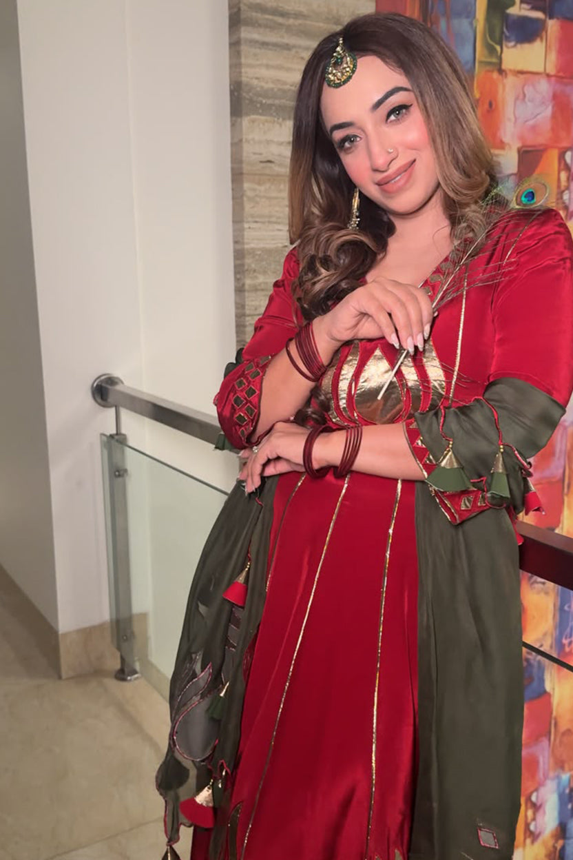 Natasha Kapoor | Scarlet Red Lotus Gota Anarkali Set