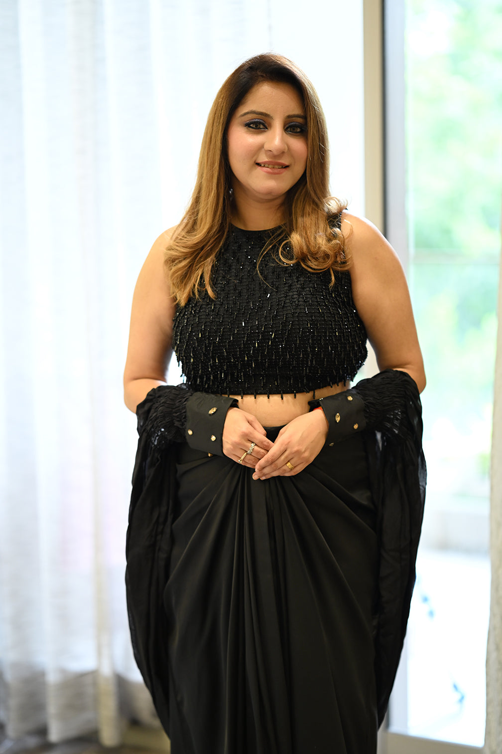 Noir Glam Draped Saree Set with Embellished Halter Blouse