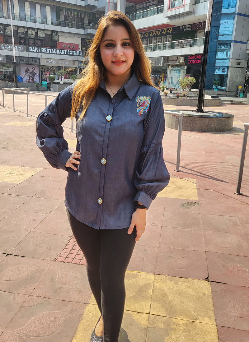 Premium Unicorn Embroidery Denim Shirt