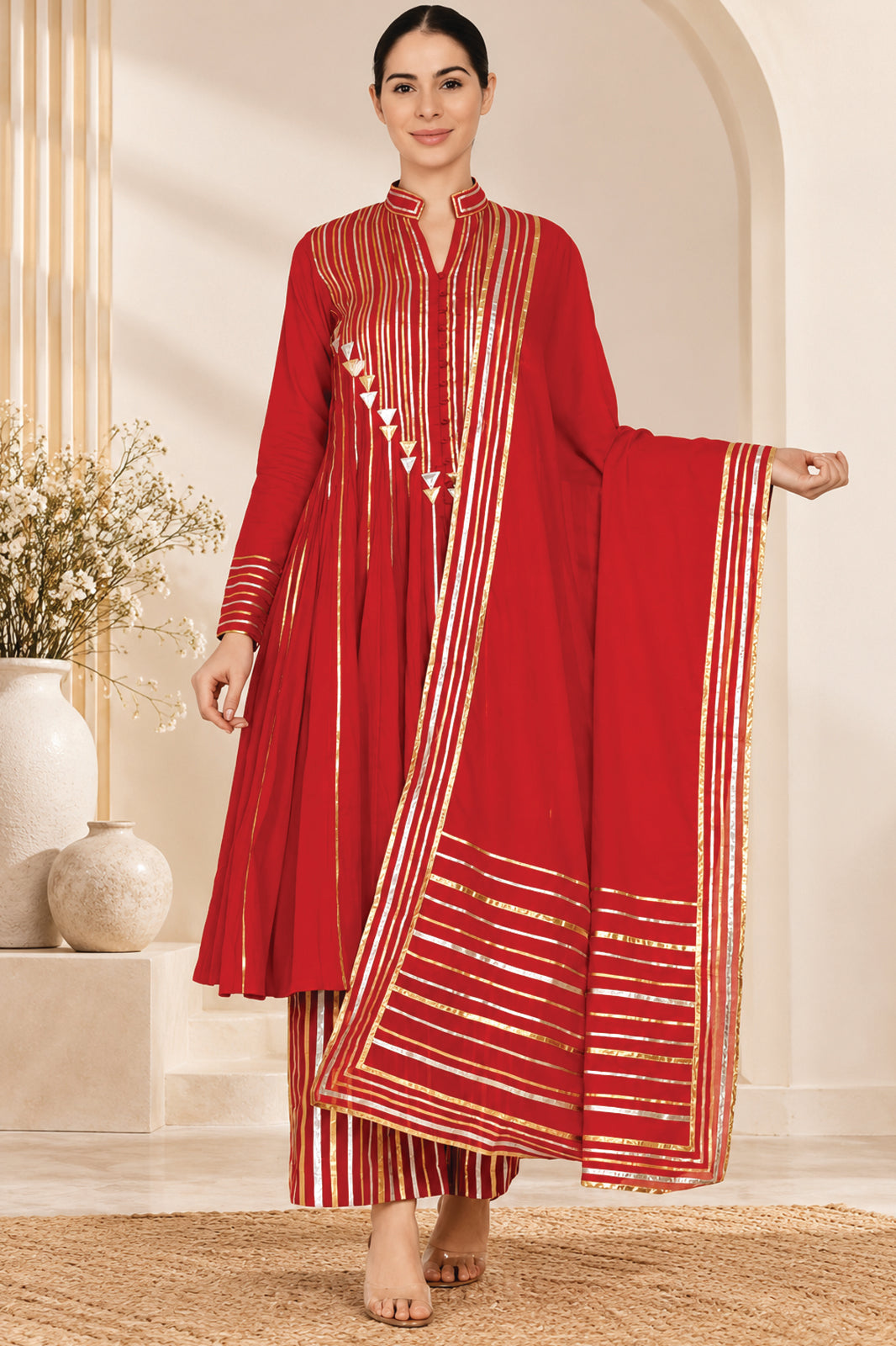 Pure Muslin Mul Red Anarkali Suit Set with Gotta Embroidery
