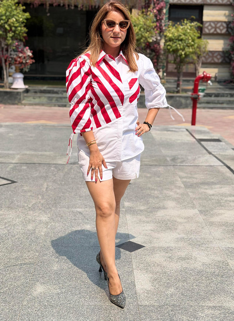 Striped Red White Asymmetric Printed Summer Shirt