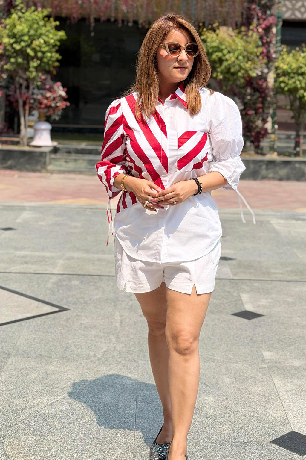 Striped Red White Asymmetric Printed Summer Shirt