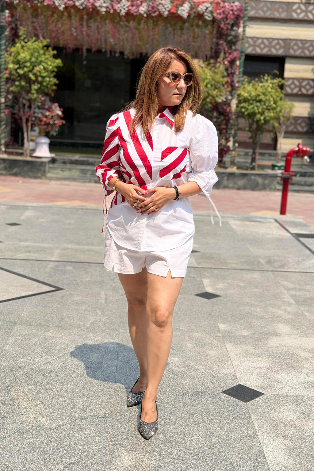 Striped Red White Asymmetric Printed Summer Shirt