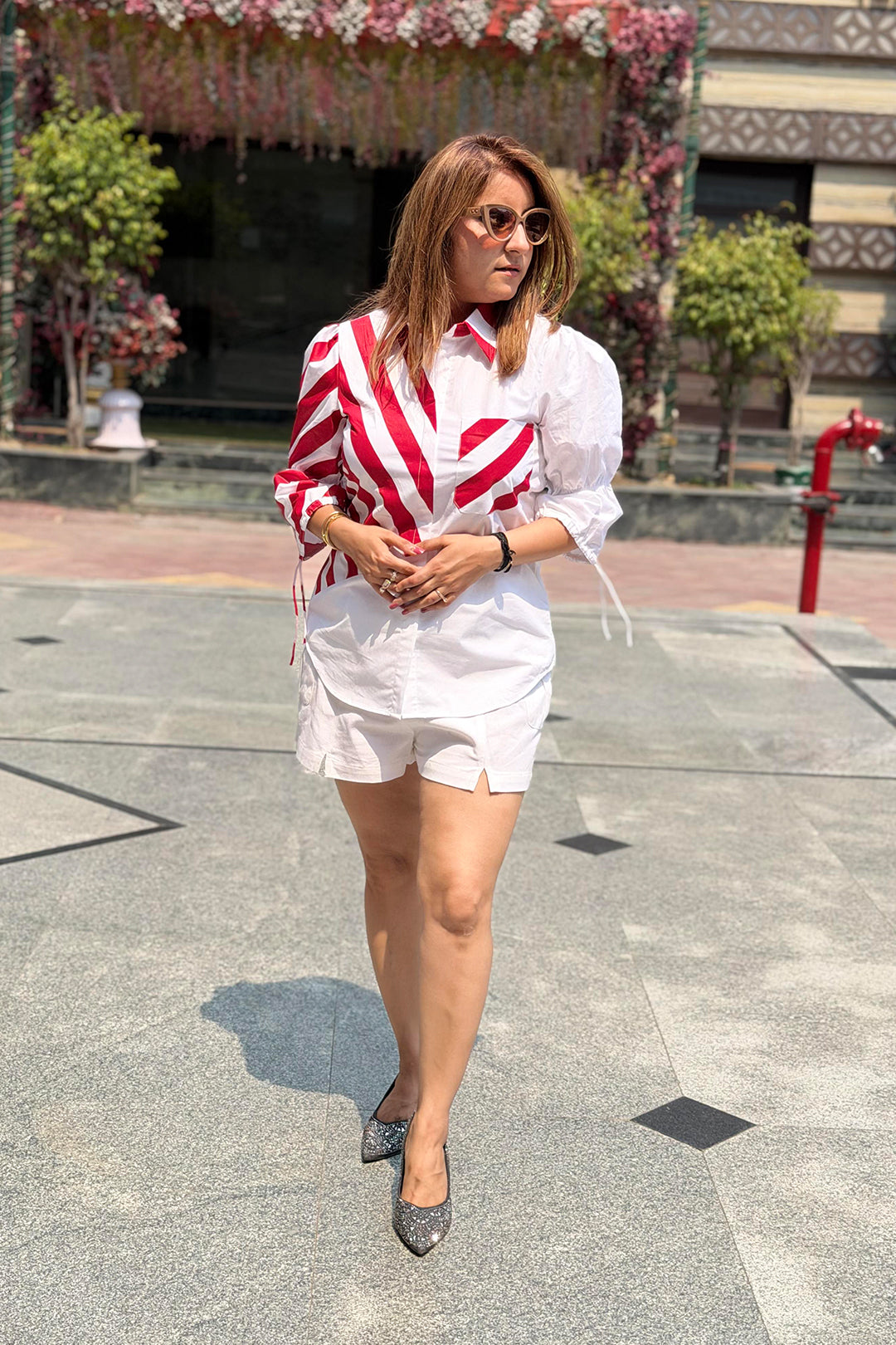 Striped Red White Asymmetric Printed Summer Shirt