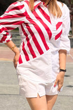 Striped Red White Asymmetric Printed Summer Shirt
