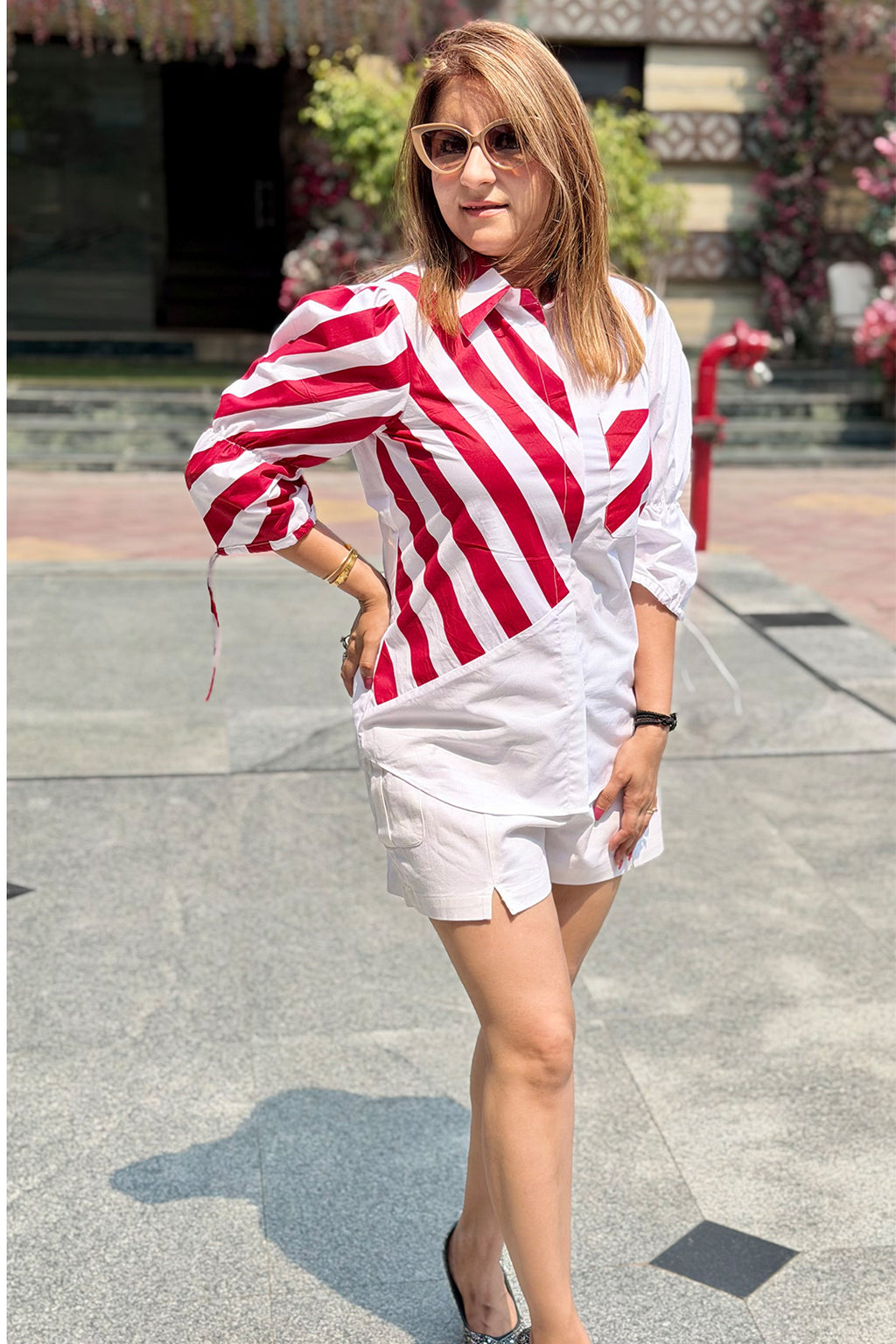 Striped Red White Asymmetric Printed Summer Shirt