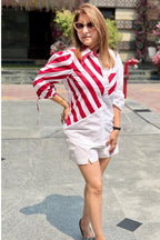 Striped Red White Asymmetric Printed Summer Shirt