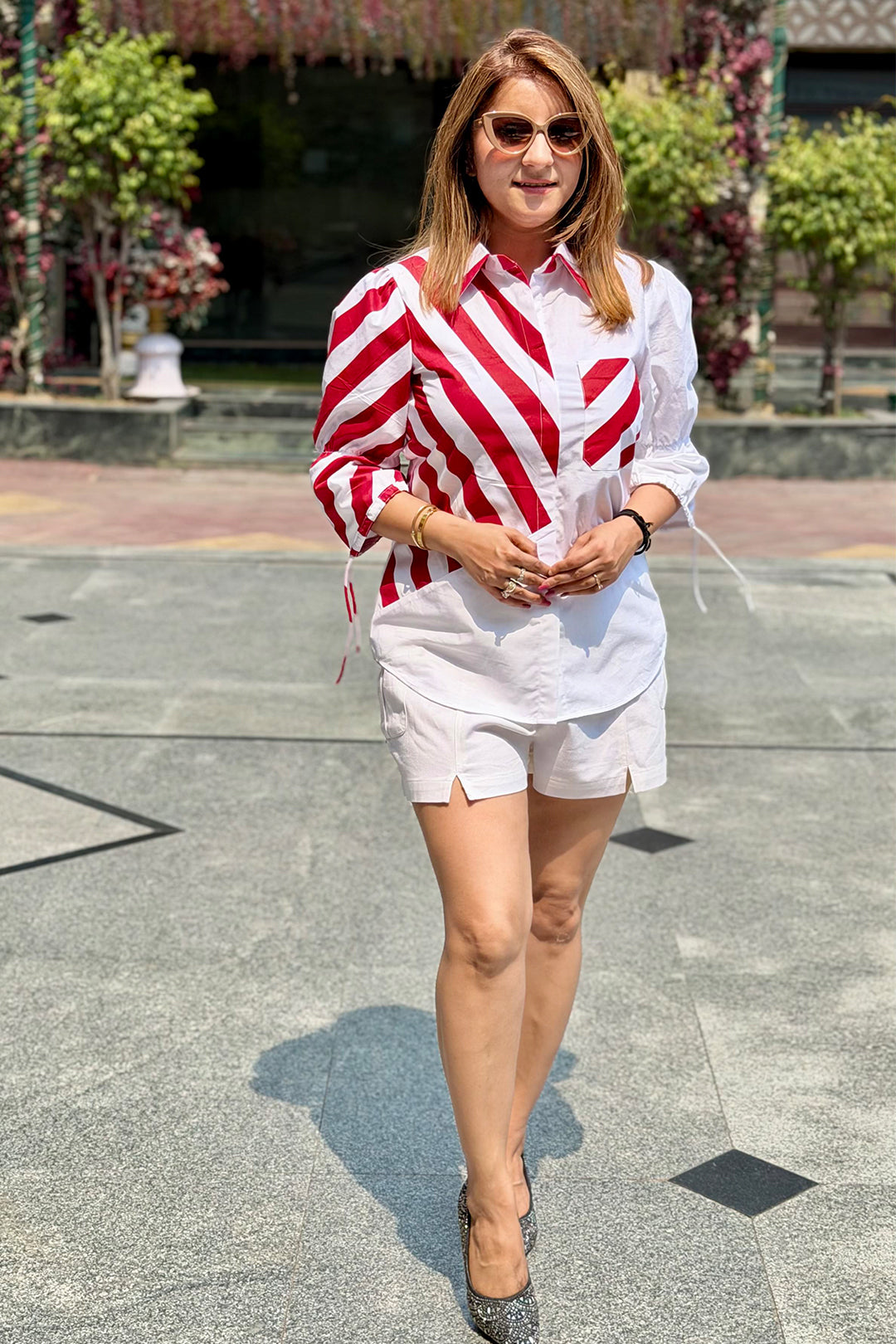 Striped Red White Asymmetric Printed Summer Shirt