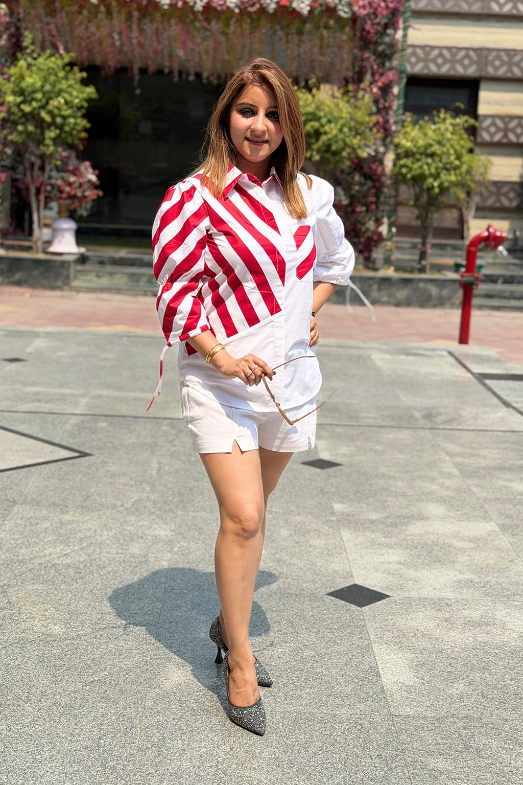 Striped Red White Asymmetric Printed Summer Shirt