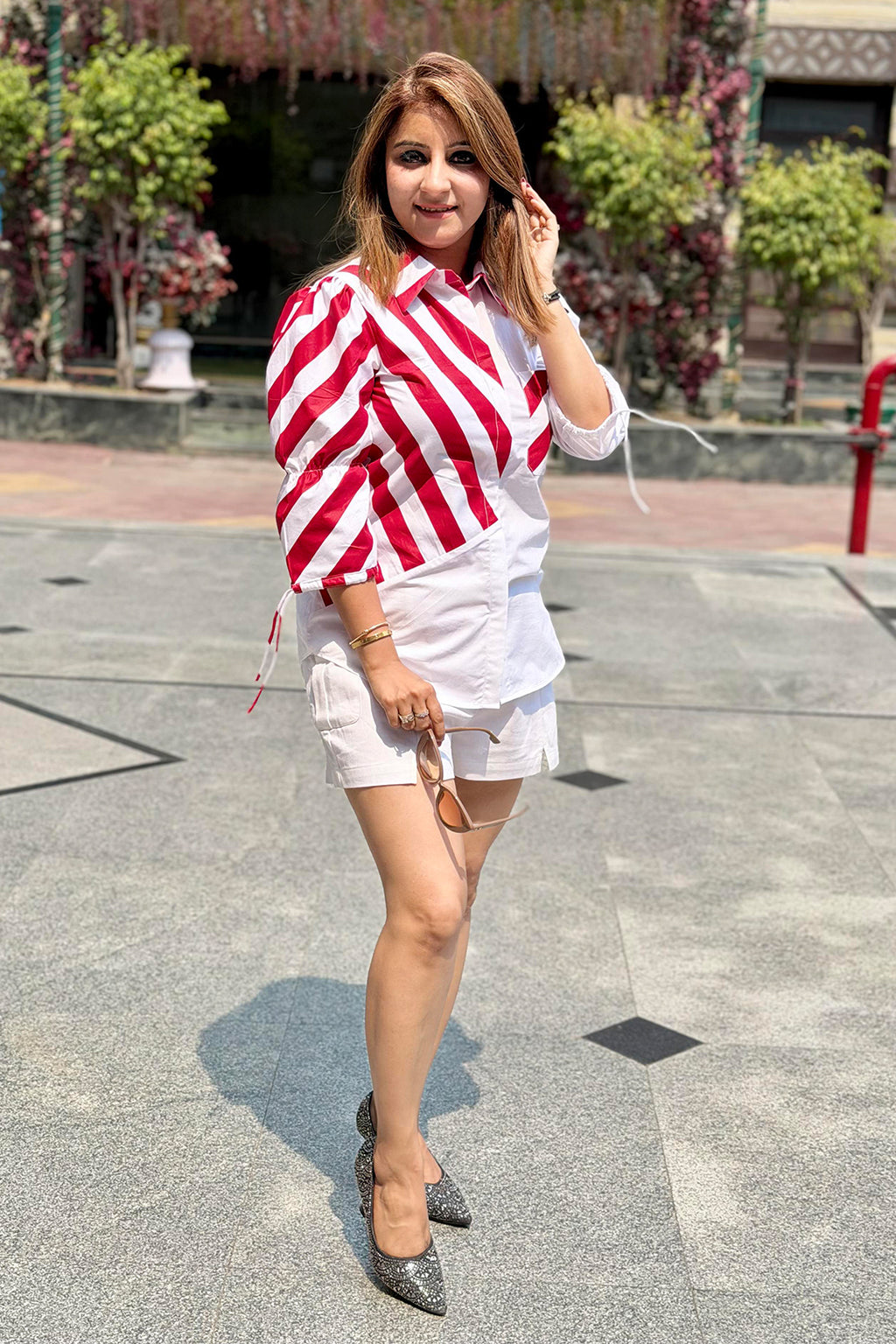 Striped Red White Asymmetric Printed Summer Shirt
