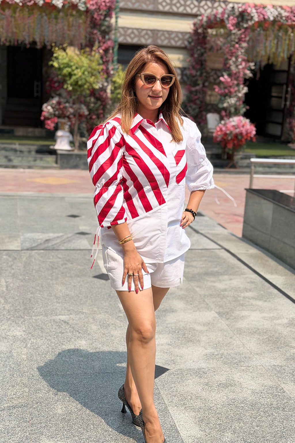 Striped Red White Asymmetric Printed Summer Shirt
