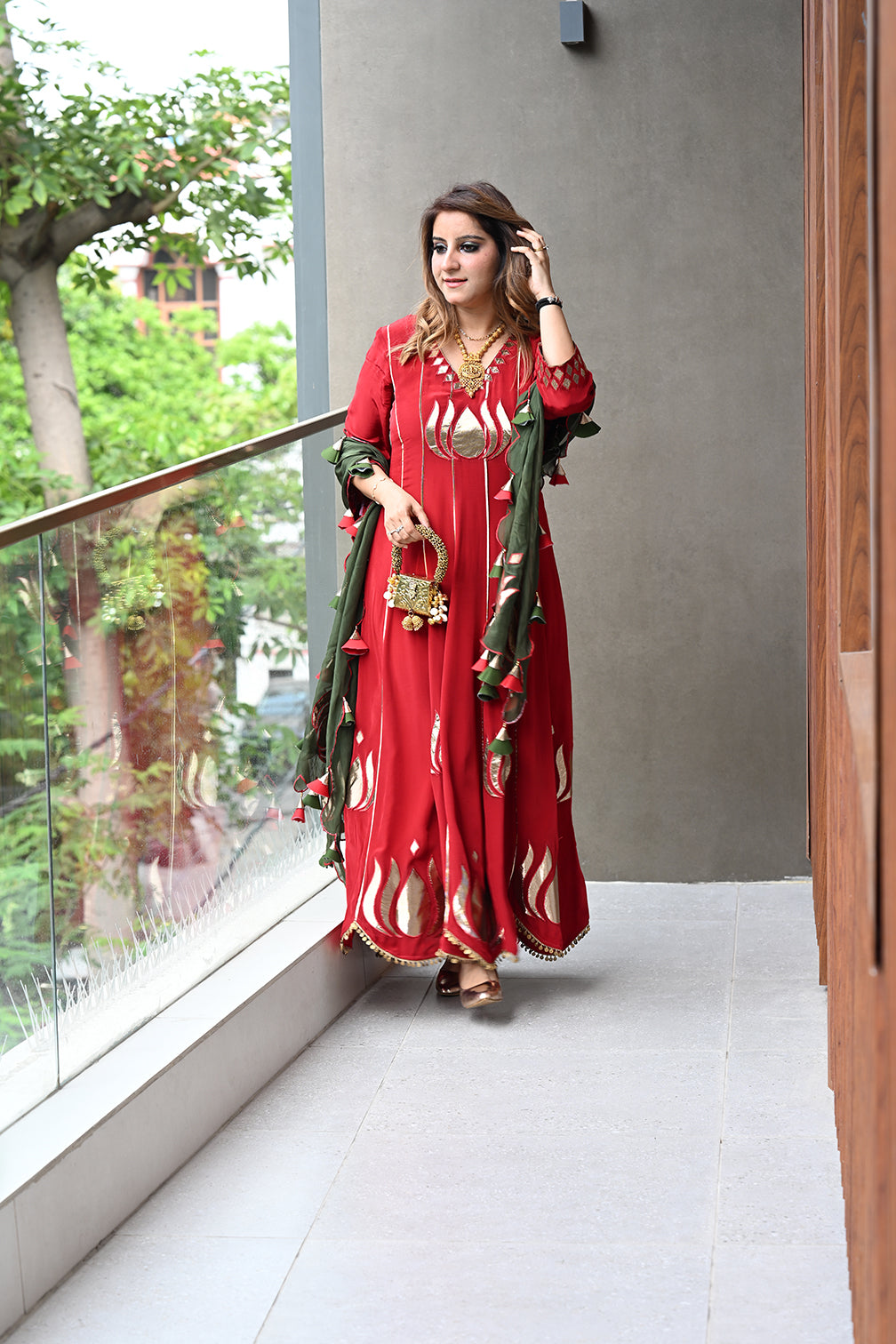 Scarlet Red Lotus Gota Anarkali Set