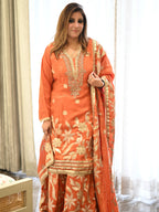 Tangerine Tissue Silk Organza Kundan Embroidered Sharara Set